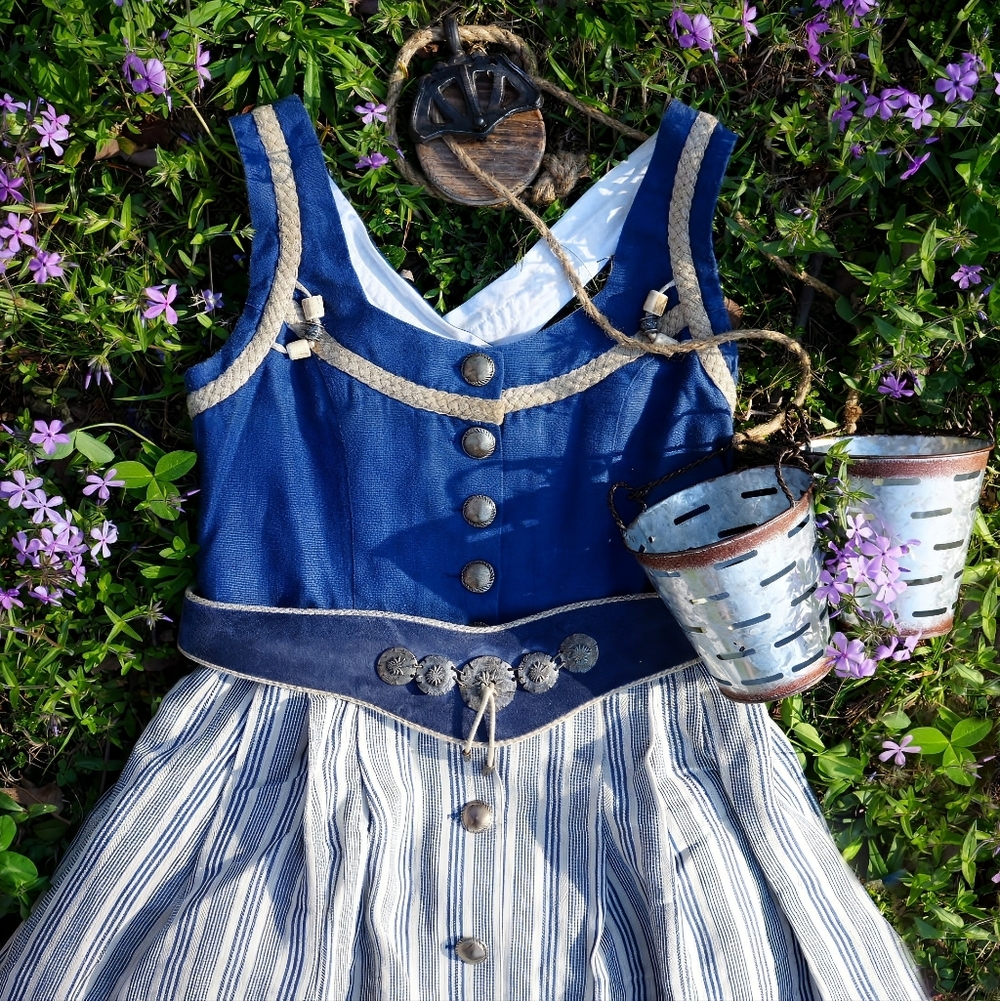 Vintage Dirndl Dress with Belt, Cottagecore, Whimsy, Bavarian Dress